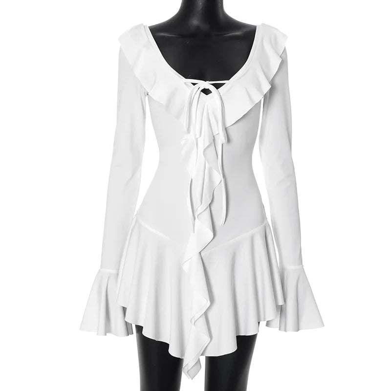 Ruffled Lace-Up White Mini Dress Women's V-Neck Patchwork Long Sleeve Sexy Slim Dress Bandage Elegant Female Summer Dress