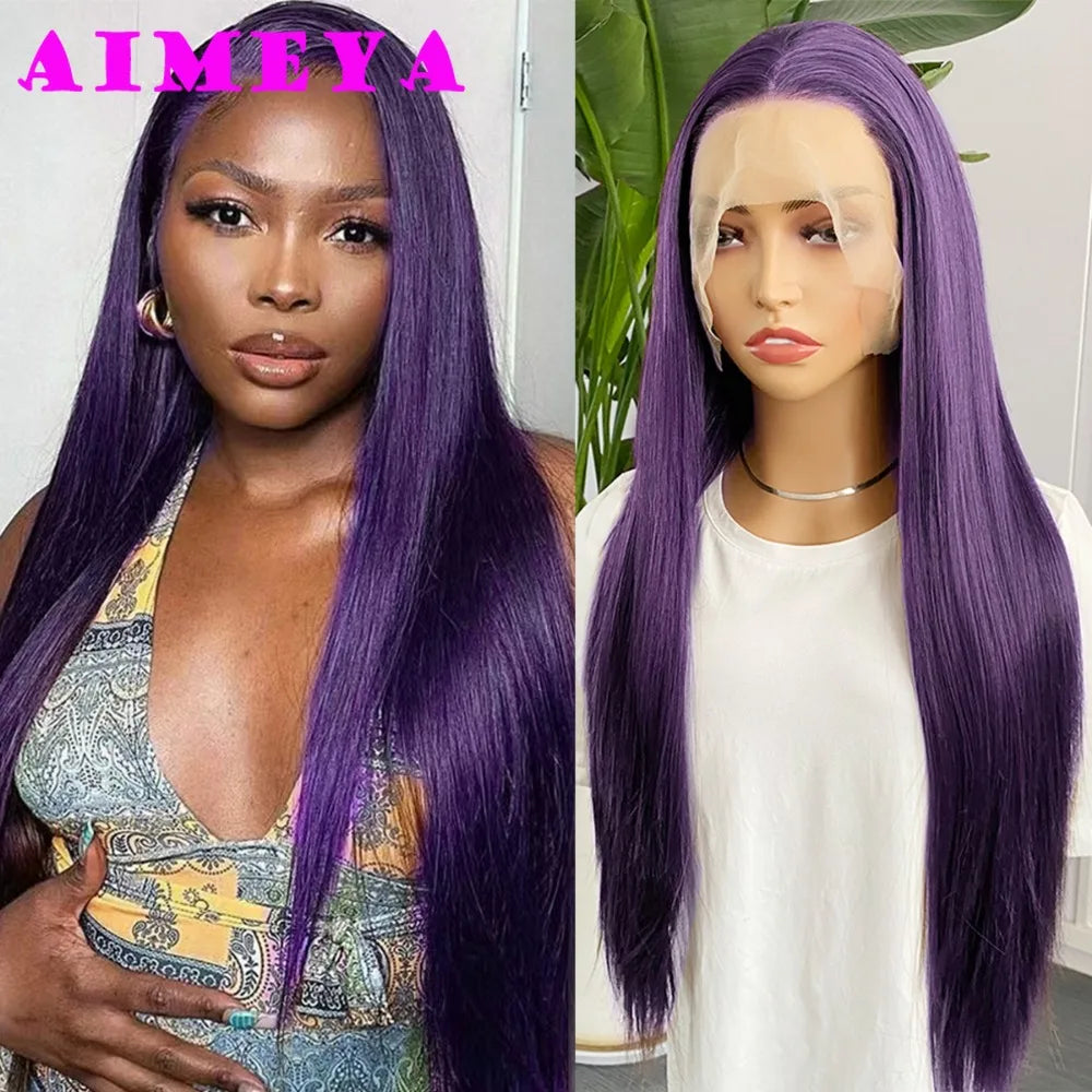 AIMEYA Dark Purple Wig Long Silky Straight Synthetic Lace Front Wig Natural Hairline Daily Wear Cosplay Purple Lace Front Wig