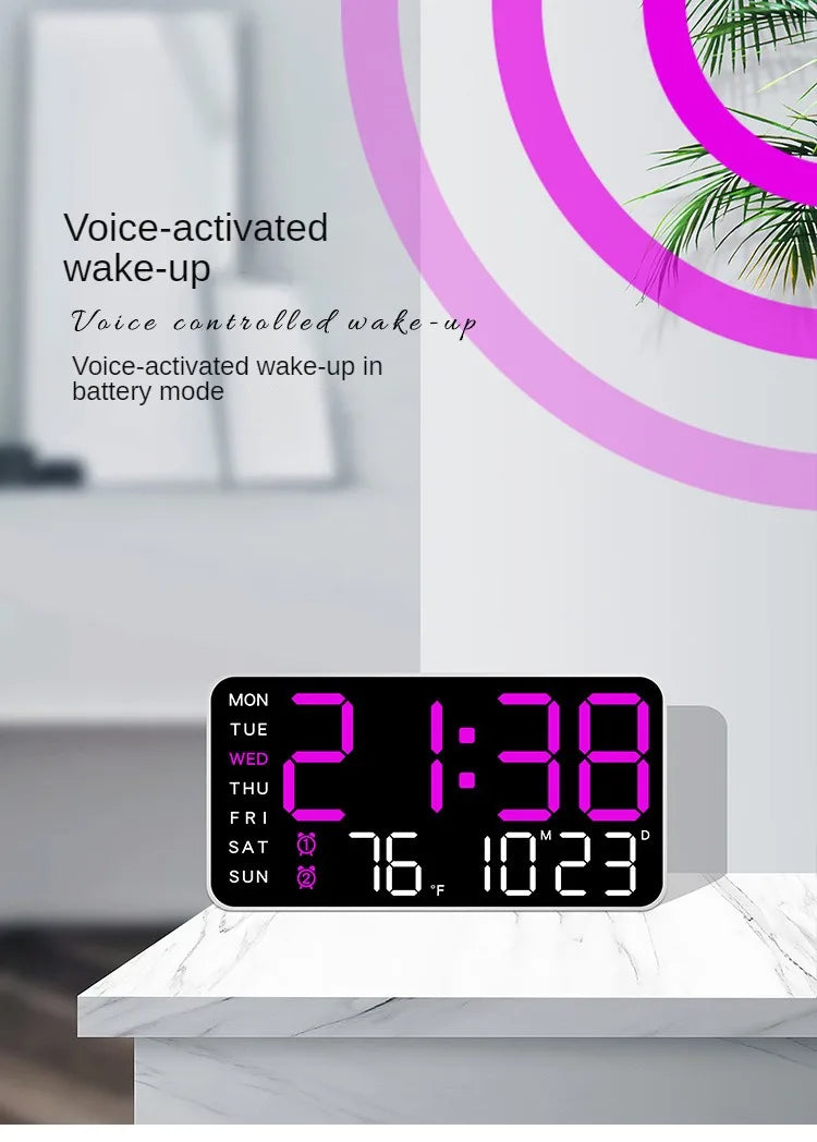 LED Digital Wall Clock Temperature Date Week Display Table Alarm Clocks Voice Control Electronic Clock Brightness Adjustment