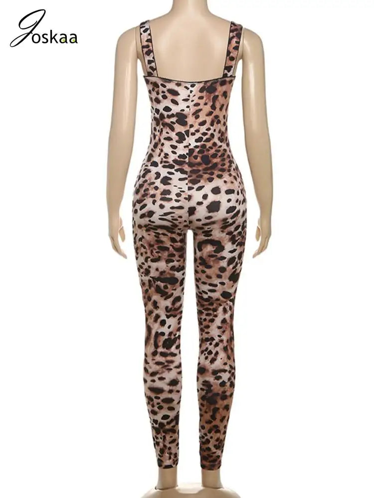 Joskaa Leopard Print Workout Jumpsuit Women Hipster Spaghetti Strap Sleeveless Lift Hips Romper 2025 Fashion Overalls Streetwear