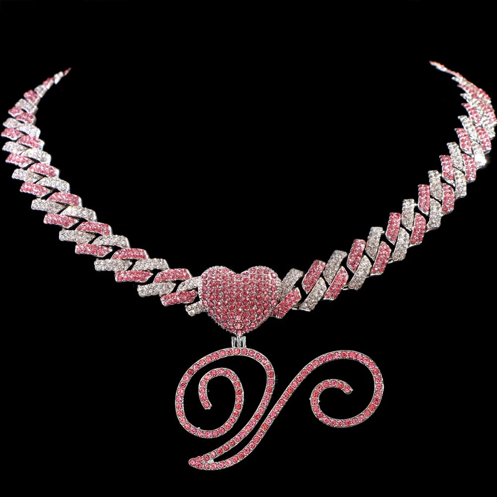Hip Hop Bling Pink Crystal Cursive Initial Letter Cuban Necklace for Women Iced Out Paved Cuban Chain Necklace Choker Jewelry