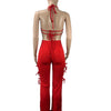 2022 Summer Women 2 Piece Set Floral Bra Tops and High Side Split Lace Up Wide Leg Pants Set Sweatsuit Tracksuit Outfits
