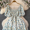 2024 New Summer Flower Print Long Dress Women Vintage Square Neck Ruched Chest Sash Bandage Sundress Party Vestidos