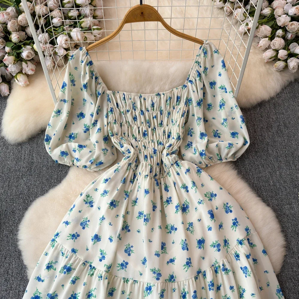 2024 New Summer Flower Print Long Dress Women Vintage Square Neck Ruched Chest Sash Bandage Sundress Party Vestidos