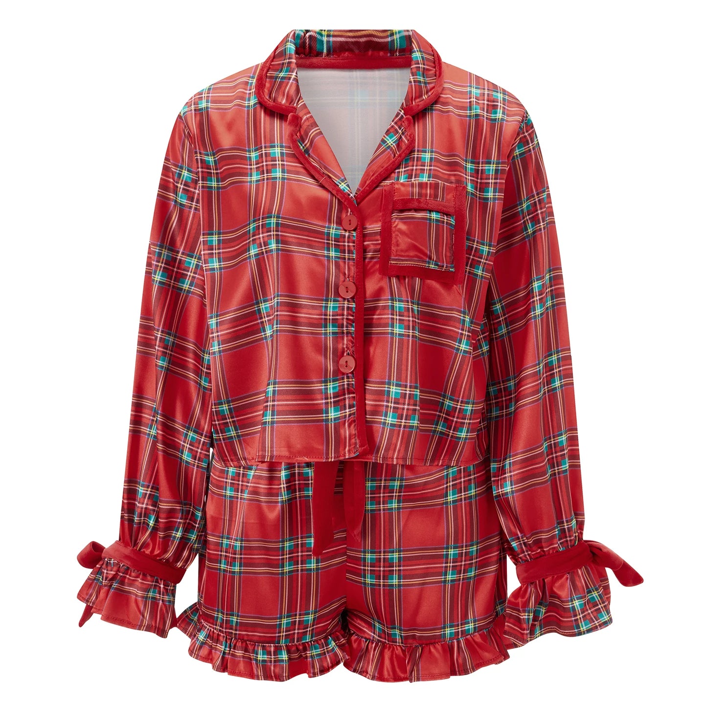 Women 2 Piece Christmas Pajamas Cute Bow Tie Long Sleeve Santa Claus Shirts Ruffles Boxer Shorts Satin Silk Xmas Pjs Sets