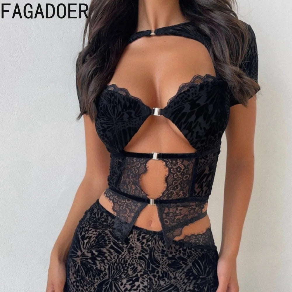 FAGADOER Sexy Lace See Through 2 Piece Sets Woman Outfit Hollow Out Crop Top + Flare Pants Female Y2K Streetwear Summer Spring