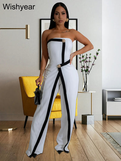 Wishyear Irregular Off Shoulder Sleeveless Strapless Jumpsuits Women Button Patchwork Wide Leg Pants Evening One Piece Outfits