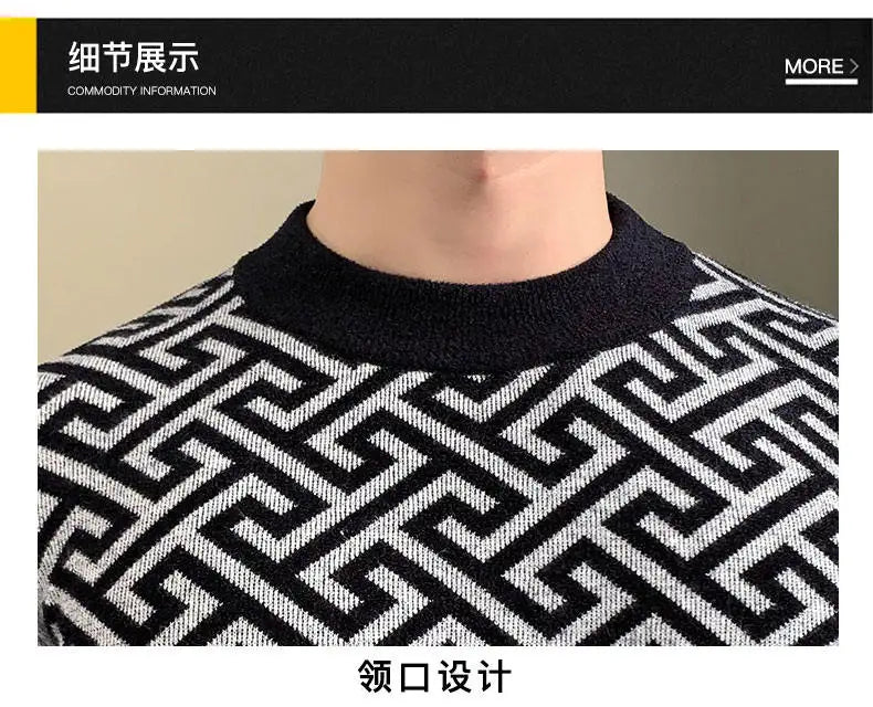 Autumn Winter Velvet Knitted Sweater Men's Long Sleeve Round Necked Sweater Slim Fit Casual Business Knitwear Tops Men Clothing