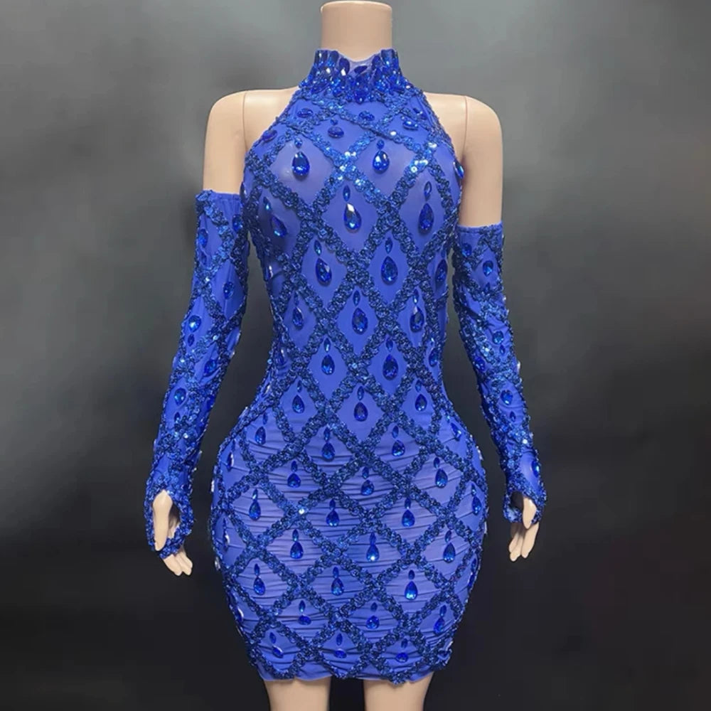 High Quality Sparkling Rainestone Sexy Bodycon Mini Dress Birthday Celebrate Evening Party Dress
