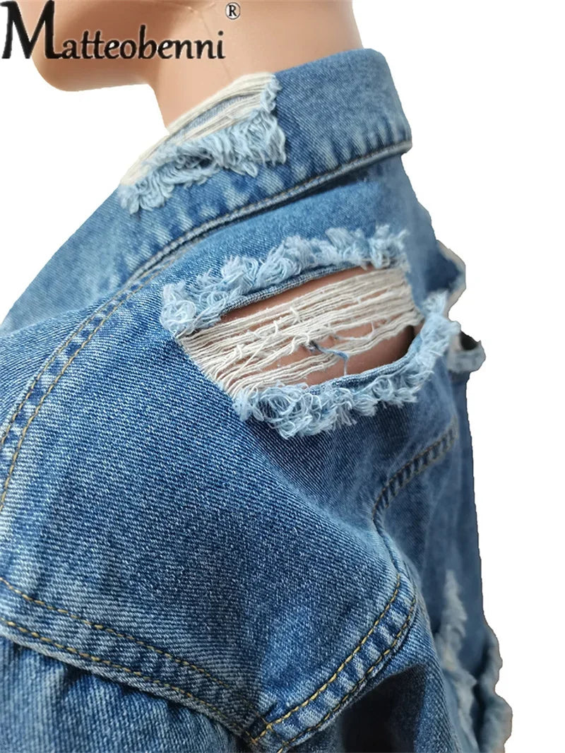 Fashion Broken Holes Long Sleeve Short Denim Jacket Ladies Trend Streetwear Casual Outerwear Women's Double Button Splicing Coat