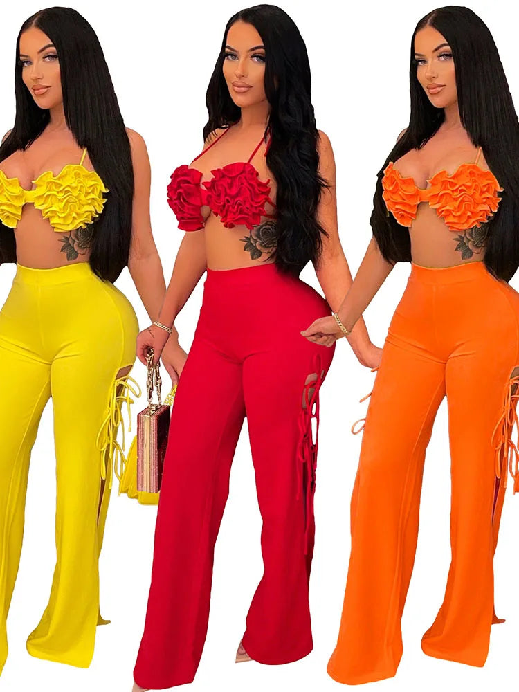 2022 Summer Women 2 Piece Set Floral Bra Tops and High Side Split Lace Up Wide Leg Pants Set Sweatsuit Tracksuit Outfits