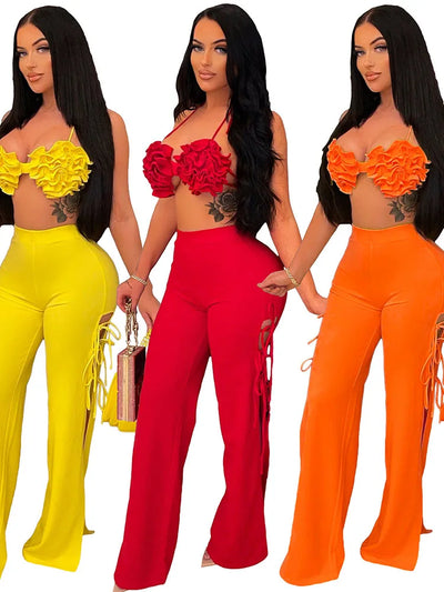 2022 Summer Women 2 Piece Set Floral Bra Tops and High Side Split Lace Up Wide Leg Pants Set Sweatsuit Tracksuit Outfits