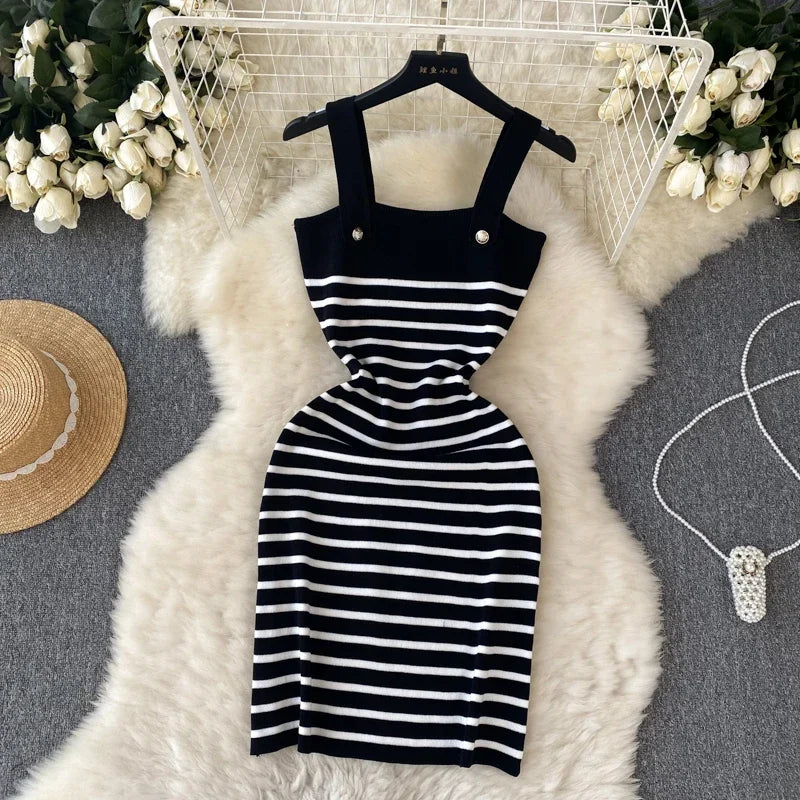 Striple 2024 Sexy Summer Knit Strap Dress Women Tank Elatic Waist Bodycon Sundress Female Beach  Backless Midi Dress