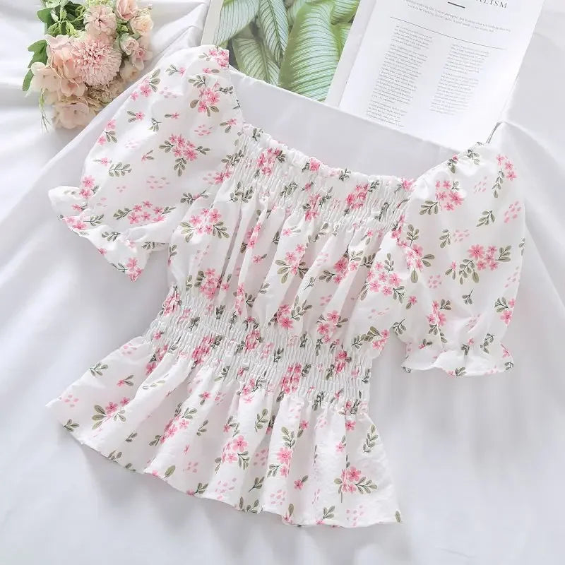 Sweet Broken Flower Slash Neck Women Blouse Agaric Edge Pleat Design Slim Elastic Waist Cropped Top Cute Chiffon T-shirt Summer