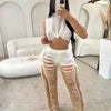 Gradient Color Crochet Two Piece Set for Women Summer Beach Crop Top and Wide Leg Pants Tassel Hollow Out Hole Vacation Outfits