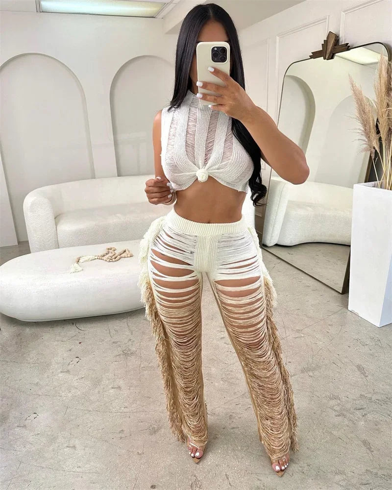 Gradient Color Crochet Two Piece Set for Women Summer Beach Crop Top and Wide Leg Pants Tassel Hollow Out Hole Vacation Outfits
