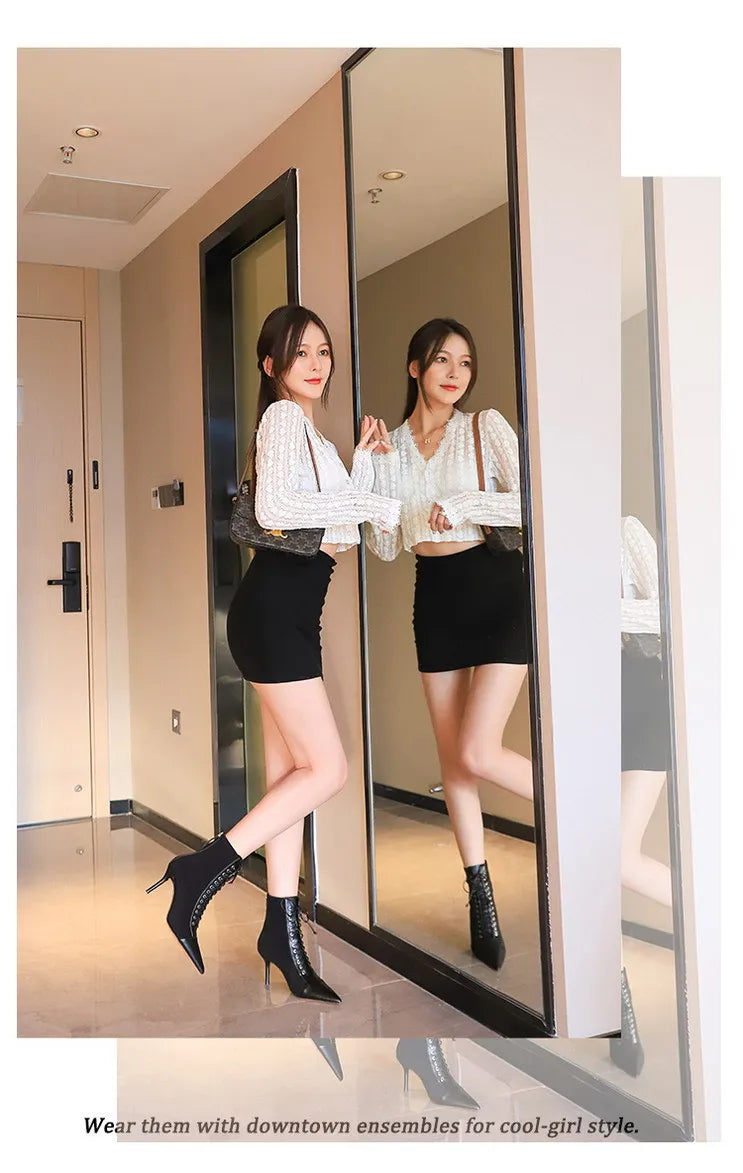 BIGTREE Shoes Cross Straps Sexy Women Boots Pointed Toe Stiletto High-heel Boots 2025 New Women's Ankle Boots Plus Size 42 43