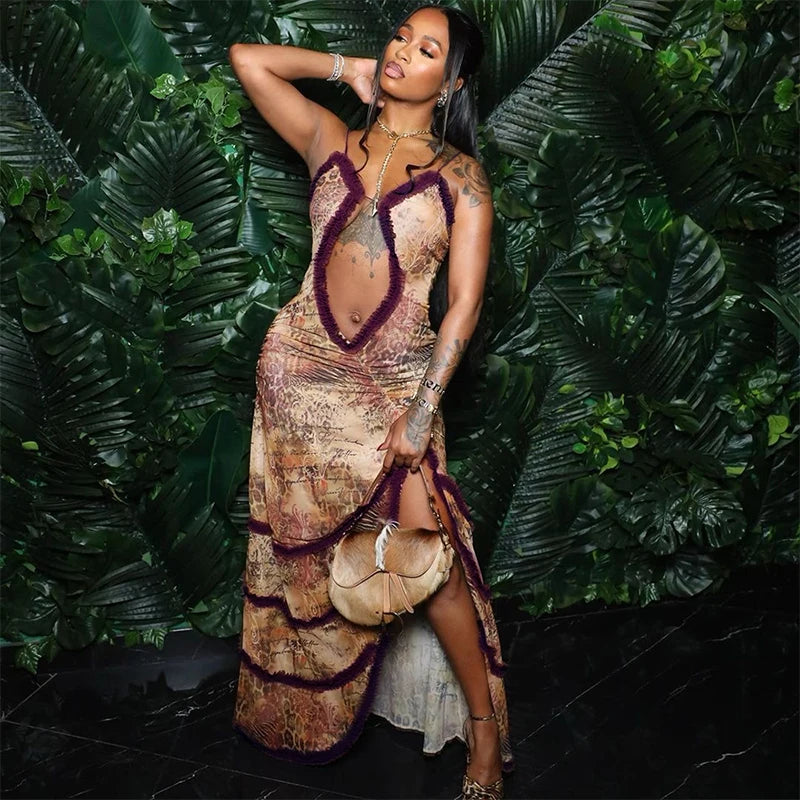 CUTENOVA Women Noble Furry Halter Sleeveless Hollow Dress Camisole Shrunk Split Wave Cut Dress Luxury Prom Occasion Evening Gown