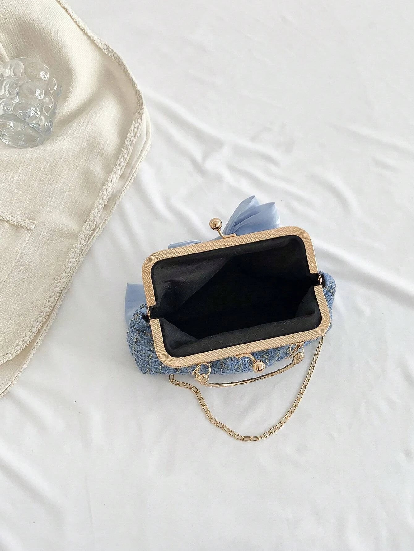 Glittering Chain Plaid Pattern Evening Bag For Women Bow Decor Shoulder Bag, Fashionable Elegant Clutch, Women‘s Crossbody Bag