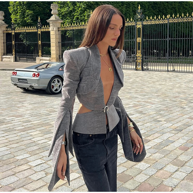 Sexy Deep V-neck Woolen Jackets Women's Hollow Up Waist Split Flare Long Sleeves Metal Buckle Coat High Street Fashion Jacket