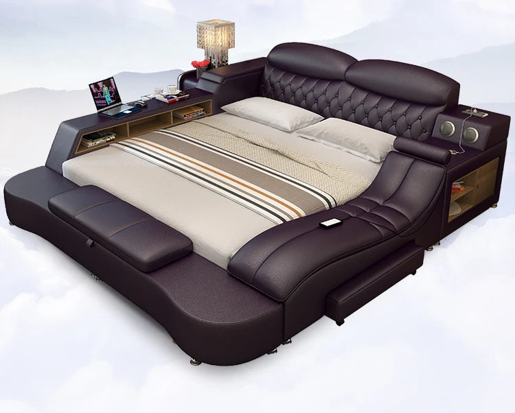 MANBAS Tech Smart Multifunctional Bed Frame with Genuine Leather, Bluetooth Speaker, and Massager Ultimate Soft Lit Tatami Camas