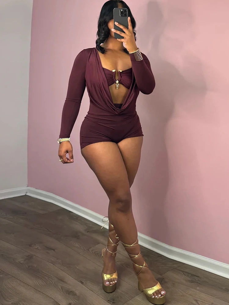 Insglas Spring Trend Swing Collar Sexy Women Romper+Metal buckle Bra Hipster Midnight Party New Workout Fit Coquette Playsuits