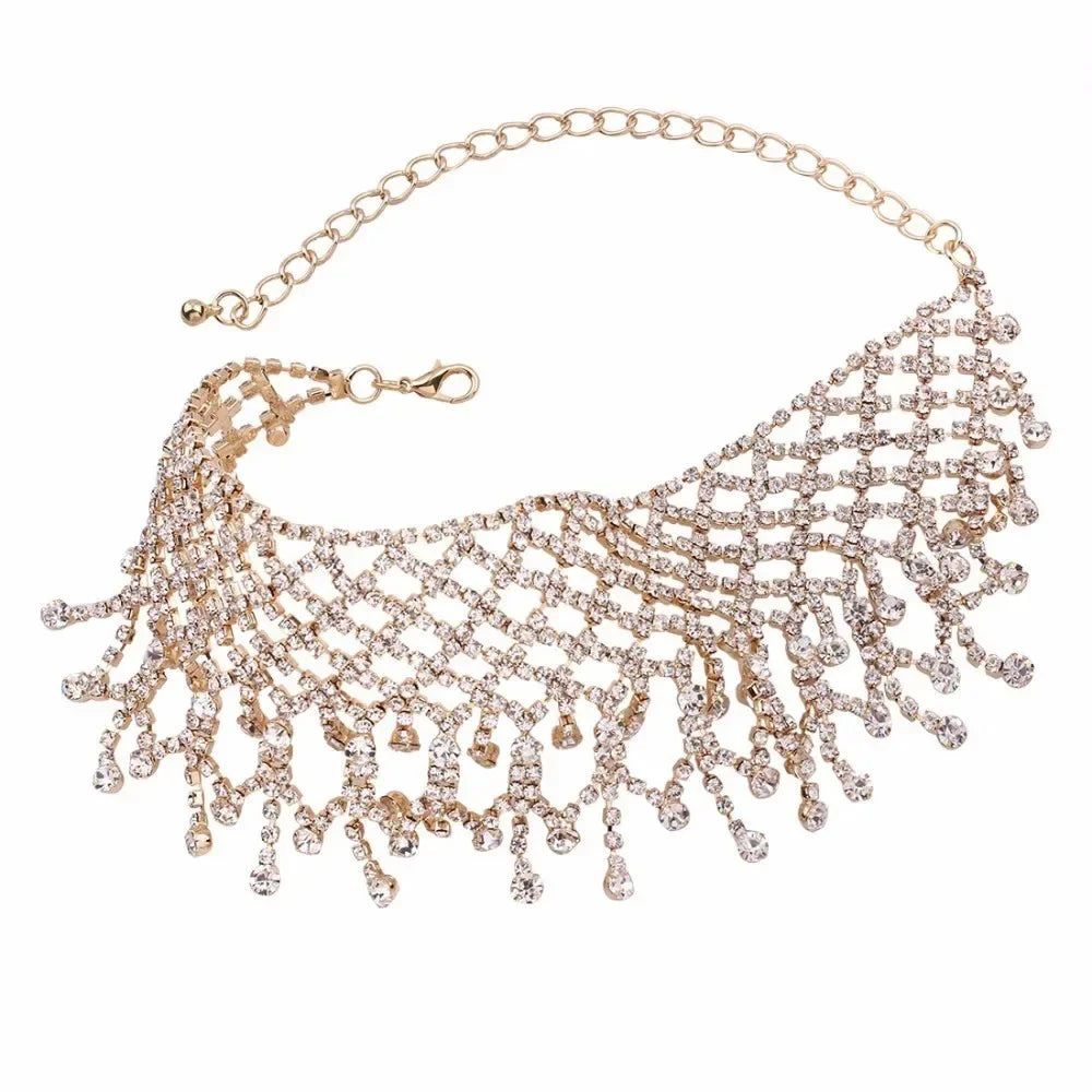 Sparkling Tassel Necklace Luxury Chain Rhinestone Mesh Female Boho Short Crystal Choker Neckband Chunky Necklace Wedding Jewelry