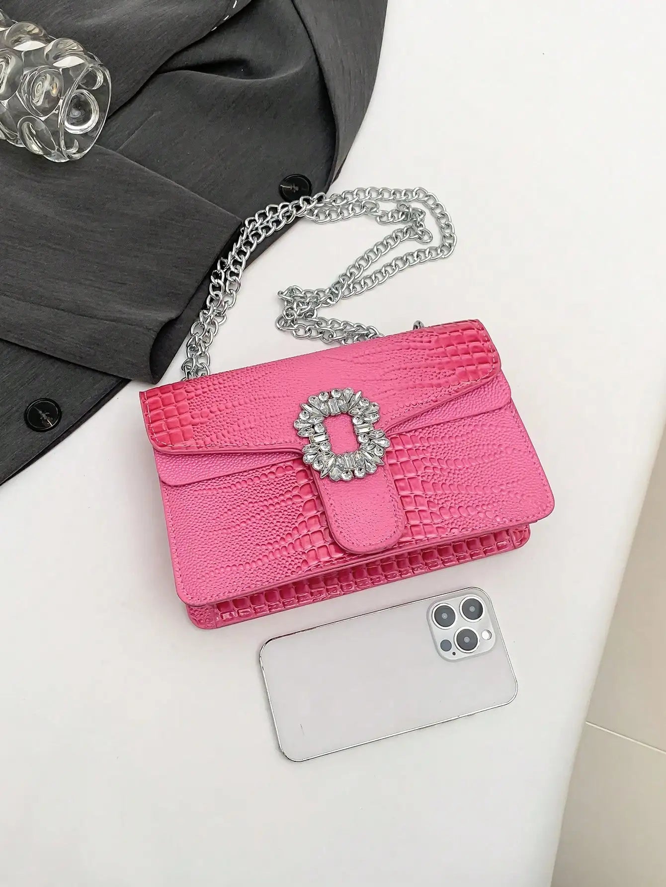Crocodile Embossed Shoulder Bags For Women Flap PU Leather Fashion Rhinestone Decor Small Square Crossbody Bag Designer Handbag