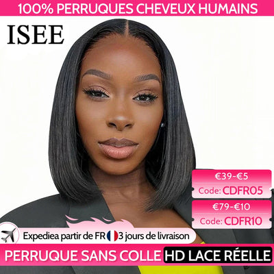 ISEE HAIR Wear And Go Glueless Human Hair Wig Bob HD Lace Straight Short Bob 6x4 Lace Frontal Pre Plucked Human Wigs Ready To Go