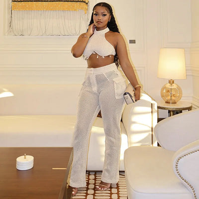 2025 Summer New Fashionable Women's Two Piece Solid Color Neck Hanging Skirt Top with Hollow Pocket Pants Set