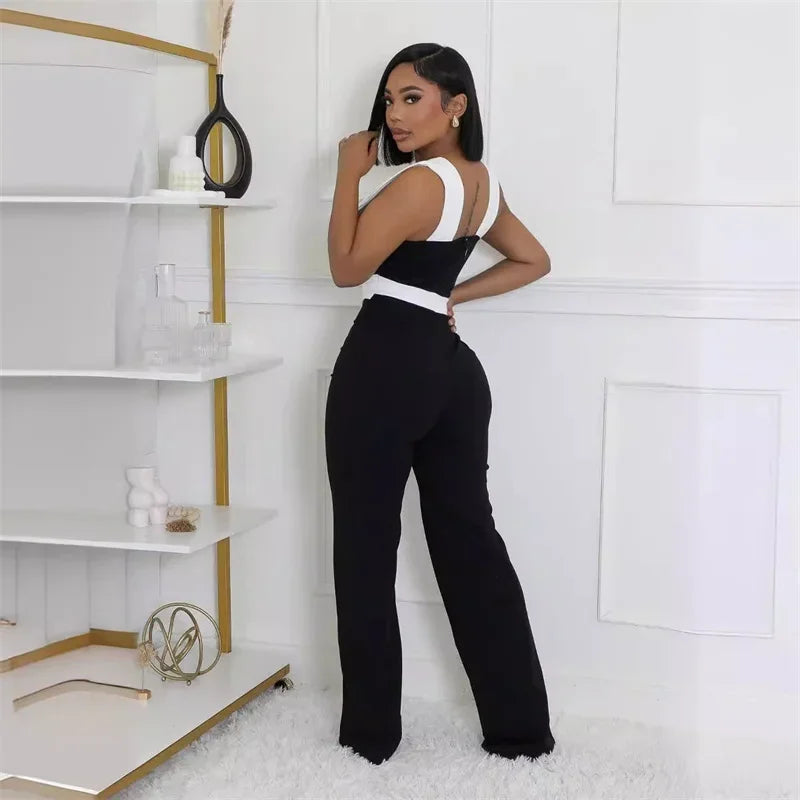 Elegant Fashion Overall Jumpsuit Women Night Club Party Sleeveless Patchwork Birthday Bandage Wide Leg Rompers Combinaison Femme