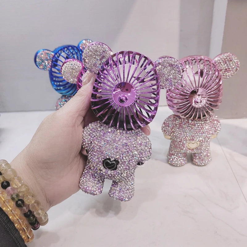 Handheld Fan with Rhinestones Three-Speed Cute Cartoon Bear USB Desktop Portable Convenient Home Office Outdoors Gift