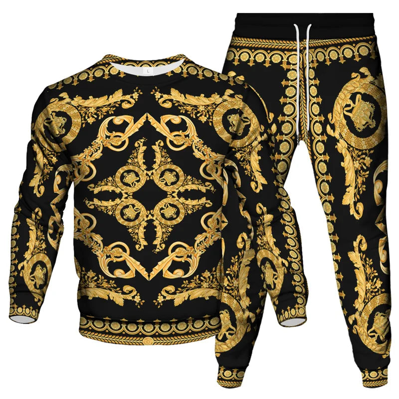 Vinatge Luxury Baroque Style Clothing Suit Men Jogging Pant Sweatshirt 2 Piece Set New Women Fashion Streetwear Tracksuit Set