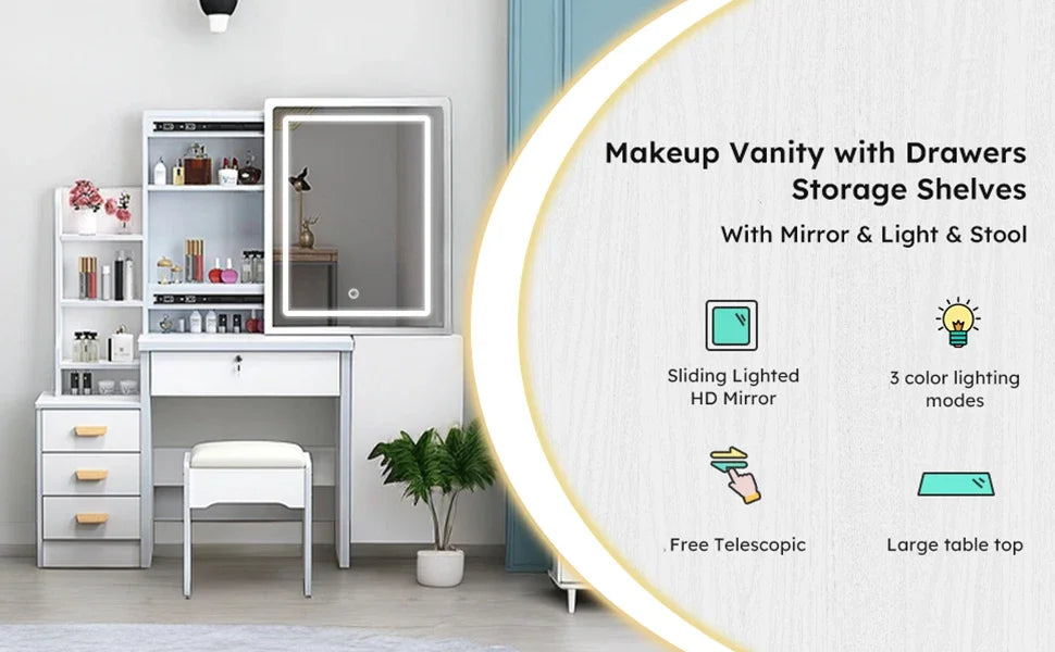 Makeup Vanity Set with Mirror and Light, Storage Drawer, Chair and Shelf, Adjustable Brightness Makeup Vanity with Light