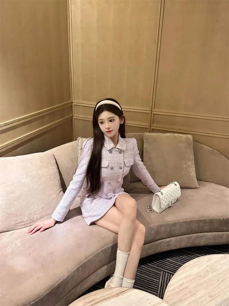 New Luxury High End Tweed Women's Two Pieces Set Elegant Lapel Double Breasted Slim Short Coat + Mini Skirt Fashion Suit