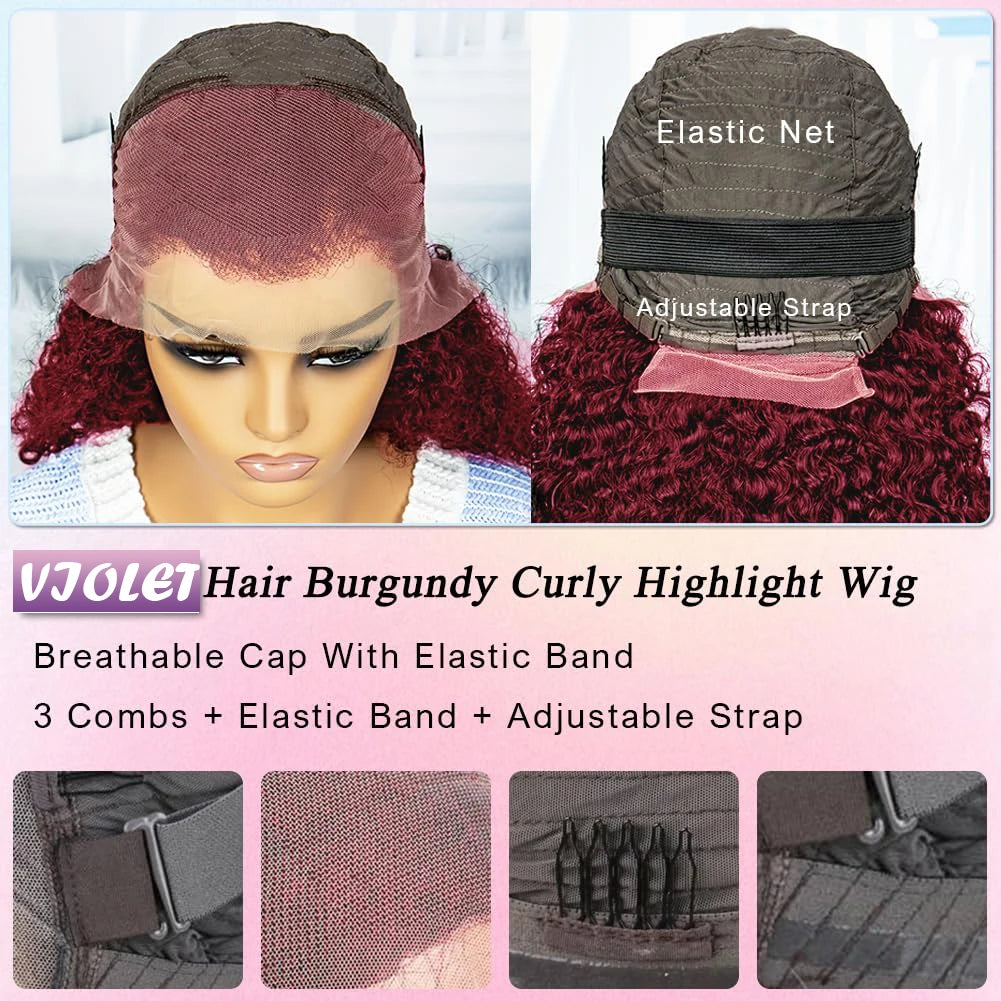 13x4 Deep Wave Frontal Wig 99J Burgundy Lace Front Wig Short Bob Hair Wig Human Hair HD Transparent Lace Pre Plucked Hairline
