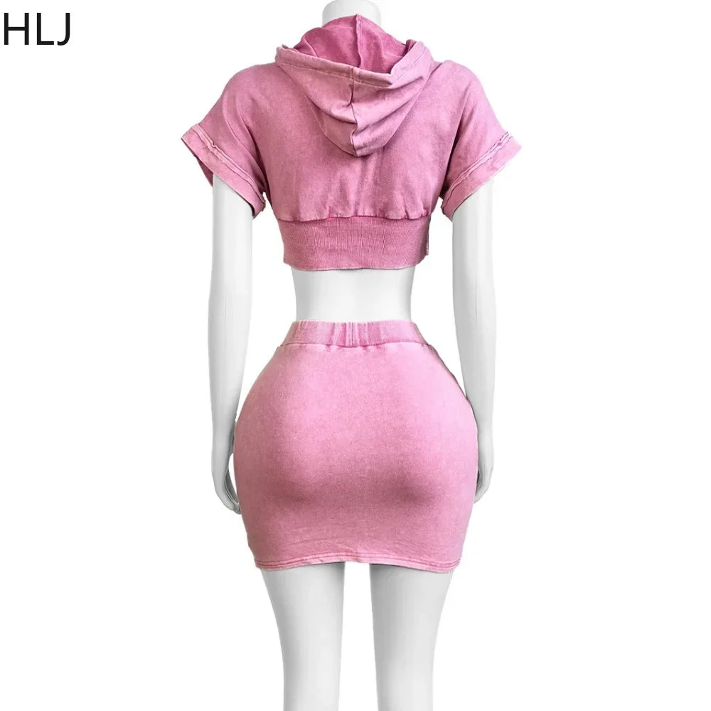 HLJ&GG Fashion Pocket Cargo Hooded Two Piece Sets Women Zip Slim Crop Top And Mini Skirts Outfits Female Washed 2pcs Streetwear