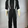 Beyprern Bragging Rights Jumpsuit For Women Runway Short Sleeve Zipper Front Striped Jumpsuit Fitted Romper Club Overalls Outfit