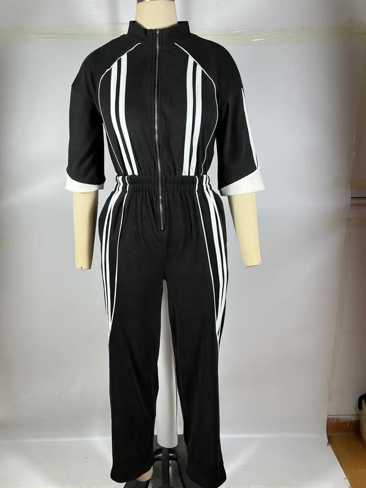 Beyprern Bragging Rights Jumpsuit For Women Runway Short Sleeve Zipper Front Striped Jumpsuit Fitted Romper Club Overalls Outfit
