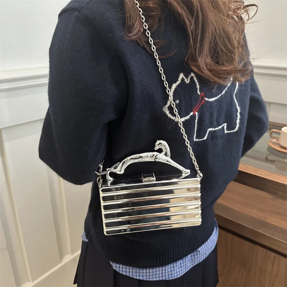 Leopard handle Luxury Gold Silver Party Evening Bag For Women Chain Clutch Handbags And Purses Mini Crossbody Shoulder Phone Bag