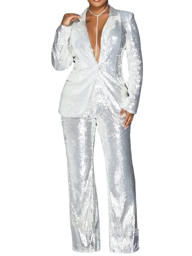 Women Two Piece Sets Sequin Blazer V Neck Full Sleeve Coats Temperament Slim Fit Casual High Waist Wide Leg Long Pants Suits