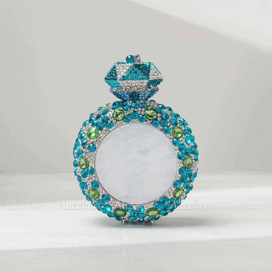 Alizekerr Perfume Bottle Shaped Crystal Evening Bags Women Gorgeous Classy Rhinestone Round Metal Clutch Purses Wedding Party