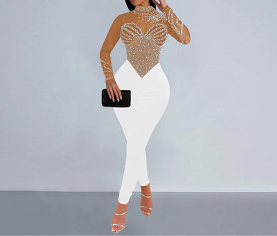 Elegant Women Jumpsuit Streetwear 2024 Spring Fashion Versatile Casual Solid Color Hot Diamond Long Sleeve Jump Suits for Female