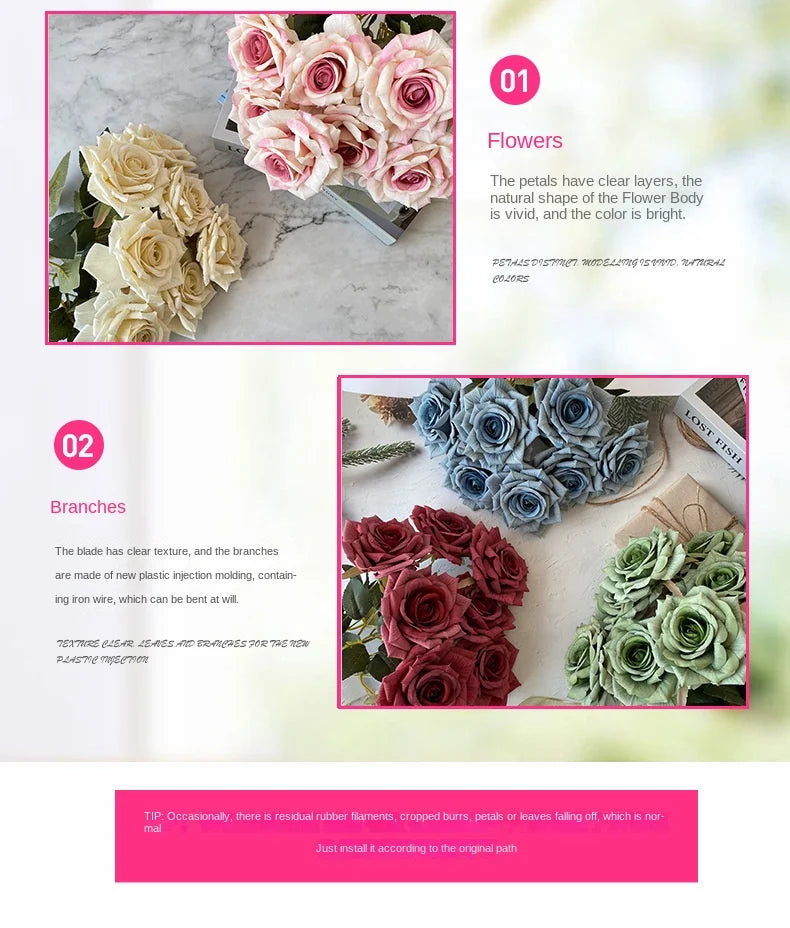 41CM 7 Forks Silk Screen Diamond Rose Artificial Flower Wedding  Living Room Decoration Road Guide Bouquet, Artificial Flower
