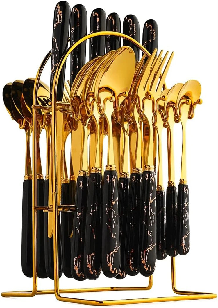 LMETJMA 24 Pcs Flatware Set Stainless Steel Knives Forks Spoons Cutlery Set Service for 6 Kitchen Utensil Tableware Set JT378
