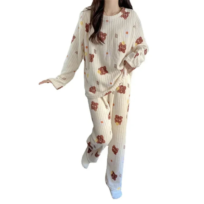 Coral Fleece Women Pajama Set Warm Winter Sleepwear Cozy Loungewear Bear Peach Print Nightwear Christmas Gift for Girls