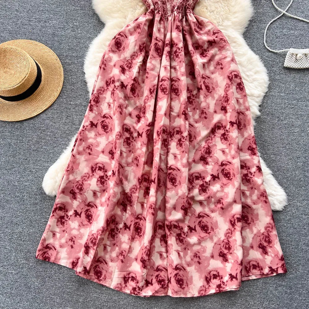2024 New Summer Korean Fashion Rose Flower Print Romantic Retro Party Dress Elastic High Waist Vacation Long Dress Beach Vestido