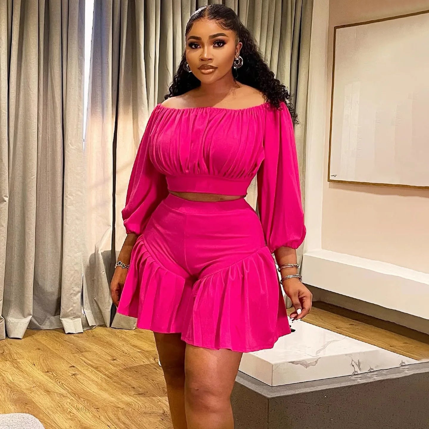 CM.YAYA Plus Size Women's Set Long Sleeve Slash Neck T-Shirt and Shorts 2025 Summer Ruched Two 2 Piece Set Outfits Tracksuit