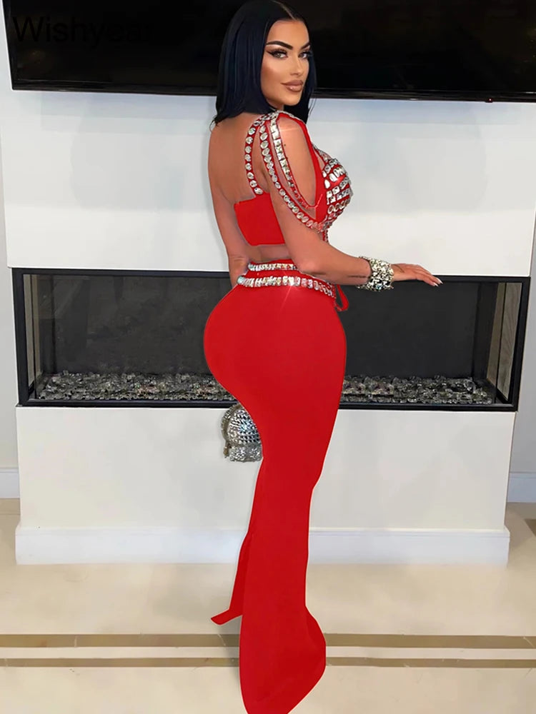 Luxury Celebrities Evening Club Outfit for Women Sexy Black Single Shoulder Diamonds Long Skirts and Crop Tops Two 2 Pieces Suit