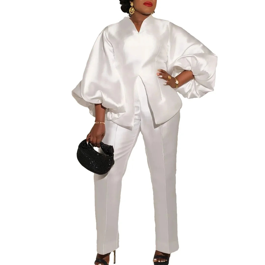 Luxury 2 Pieces Pants Sets for Women Satin Blouse V Neck Full Sleeve & Long Trousers Straight Elegant Ladies Outfits Pants Sets